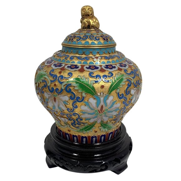 VTG 20th C. Enamel Bronze Chinese Cloisonne Urn w/ Foo Dog Finial Ginger Jar - Picture 1 of 7